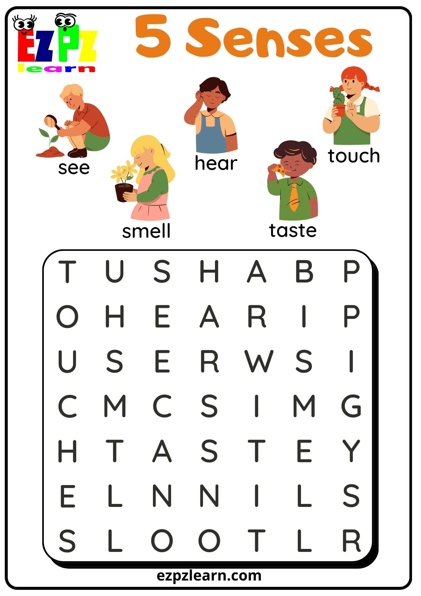  Five Senses Word Search For Kindergarten And ESL Students Free Download 